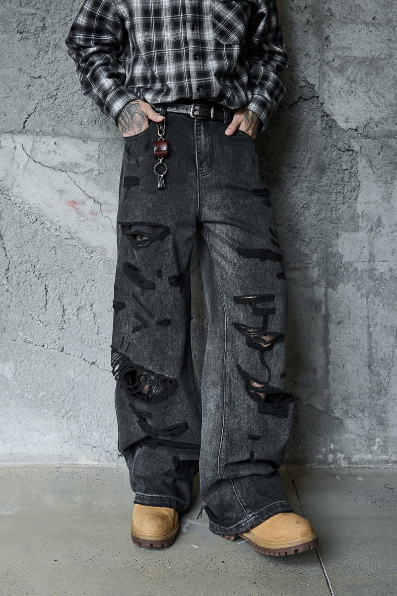 Denim Pants Loose Wide Leg Men High Street Post-Apocalyptic Style Ripped Design Plus Size Trendy Brand Original Dark Hip Hop Straight Leg Pants