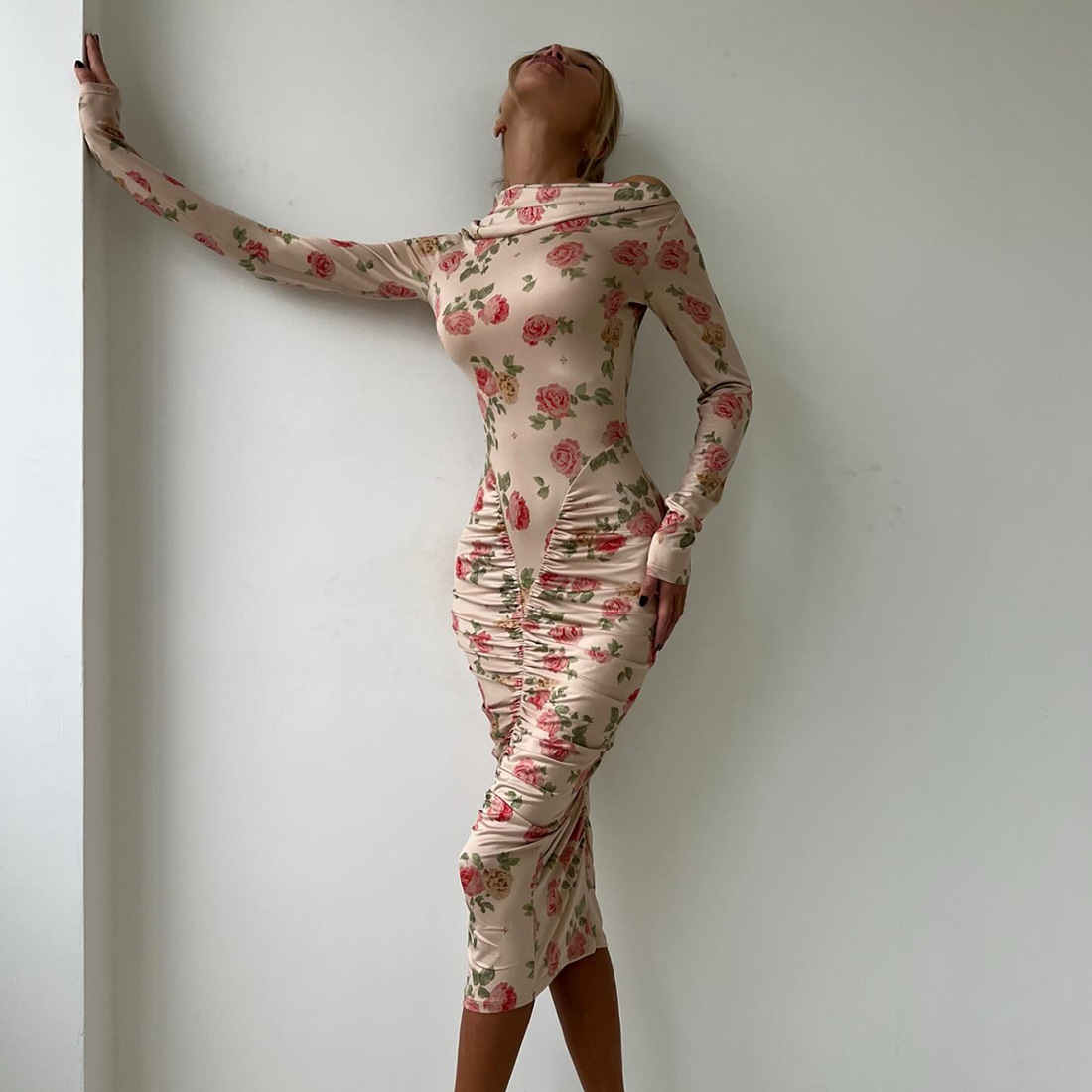 High Waist Asymmetric Full Sleeve Midi Pencil Dress