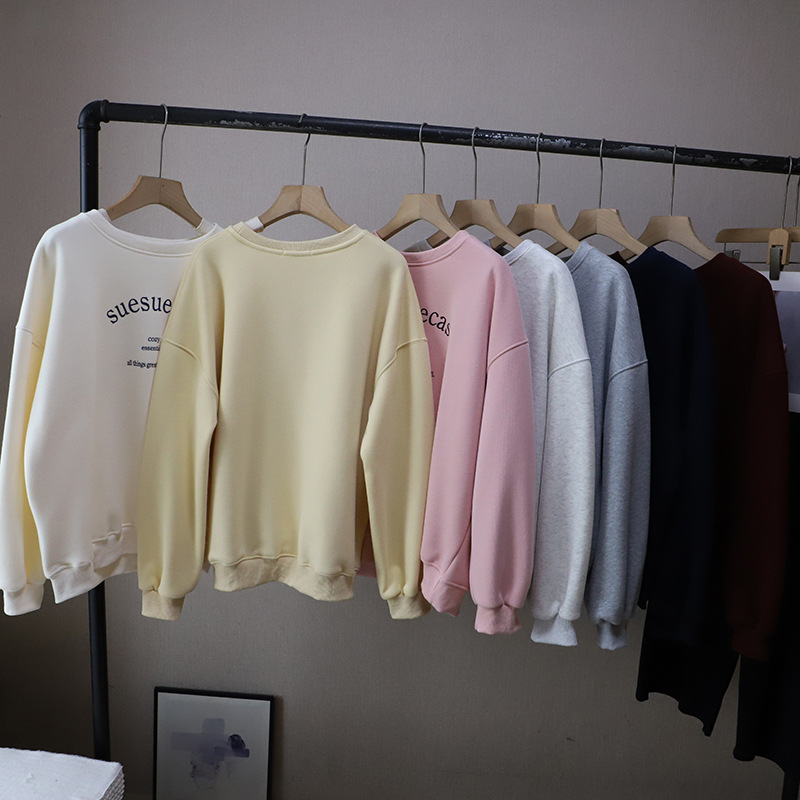 Casual Loose Fleece Lined Hoodie with Letter Print Round Neck Style Women's Sweatshirt