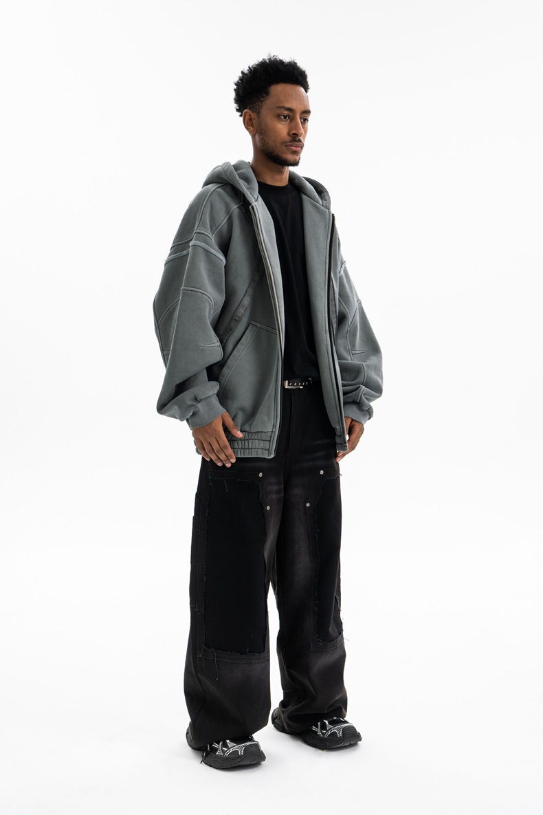 Utility Distressed Cotton Insulated Full-Zipper Embroidery Hoodie