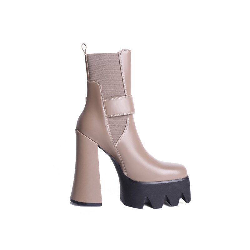 Women's Autumn Short Boots Brand New Square Toe Super High Heel Thick Sole Metal Sexy Stretch Bare Boots 42 Sizes