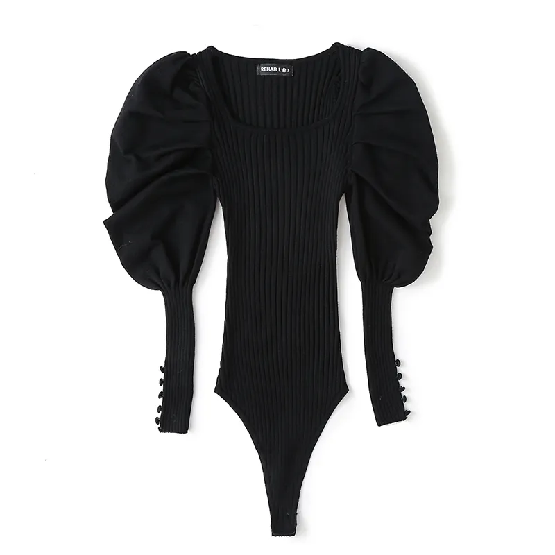 Ladies Knit Plain Geometric Neckline Puffy Sleeves Jumpsuit