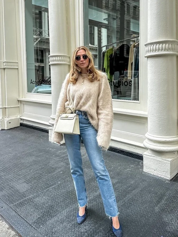 Women Chunky Crew Loose Sweater Full Arm Cold