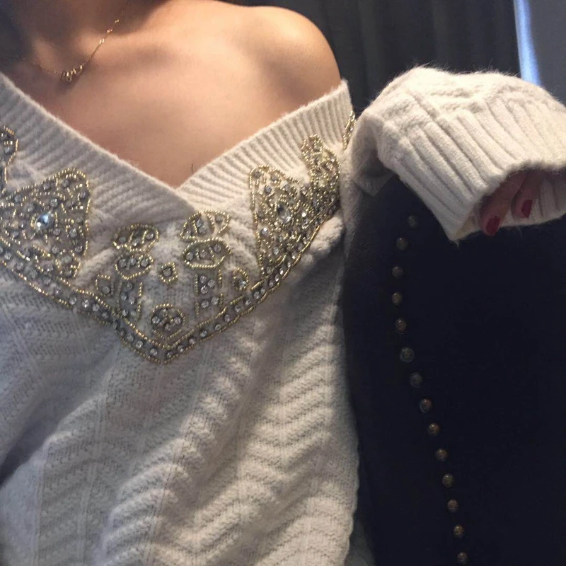 Ladies Oversized Wool Blend Embellished Sweater