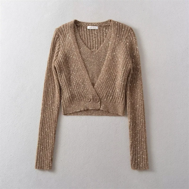 Plain Fall Polyester Fitted Layered Cardigan Vest Duo