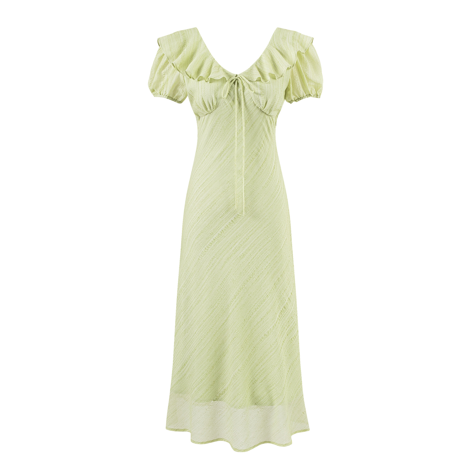 Slim Fit V-Neck Ruffle Front Tie Waist Short Sleeve Dress Long Skirt