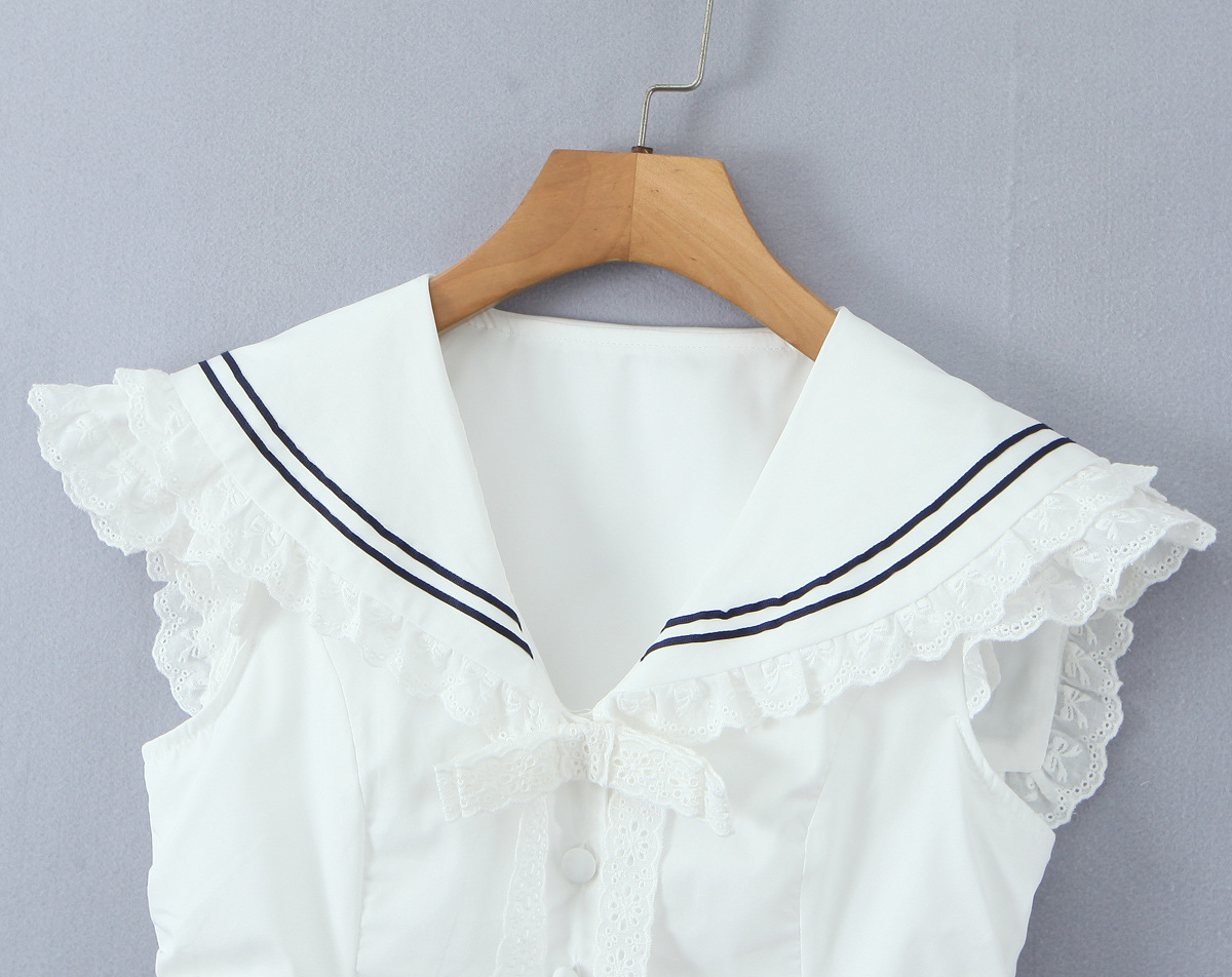 Navy Collar Lace Trim Bow Single Breasted Sleeveless Blouse