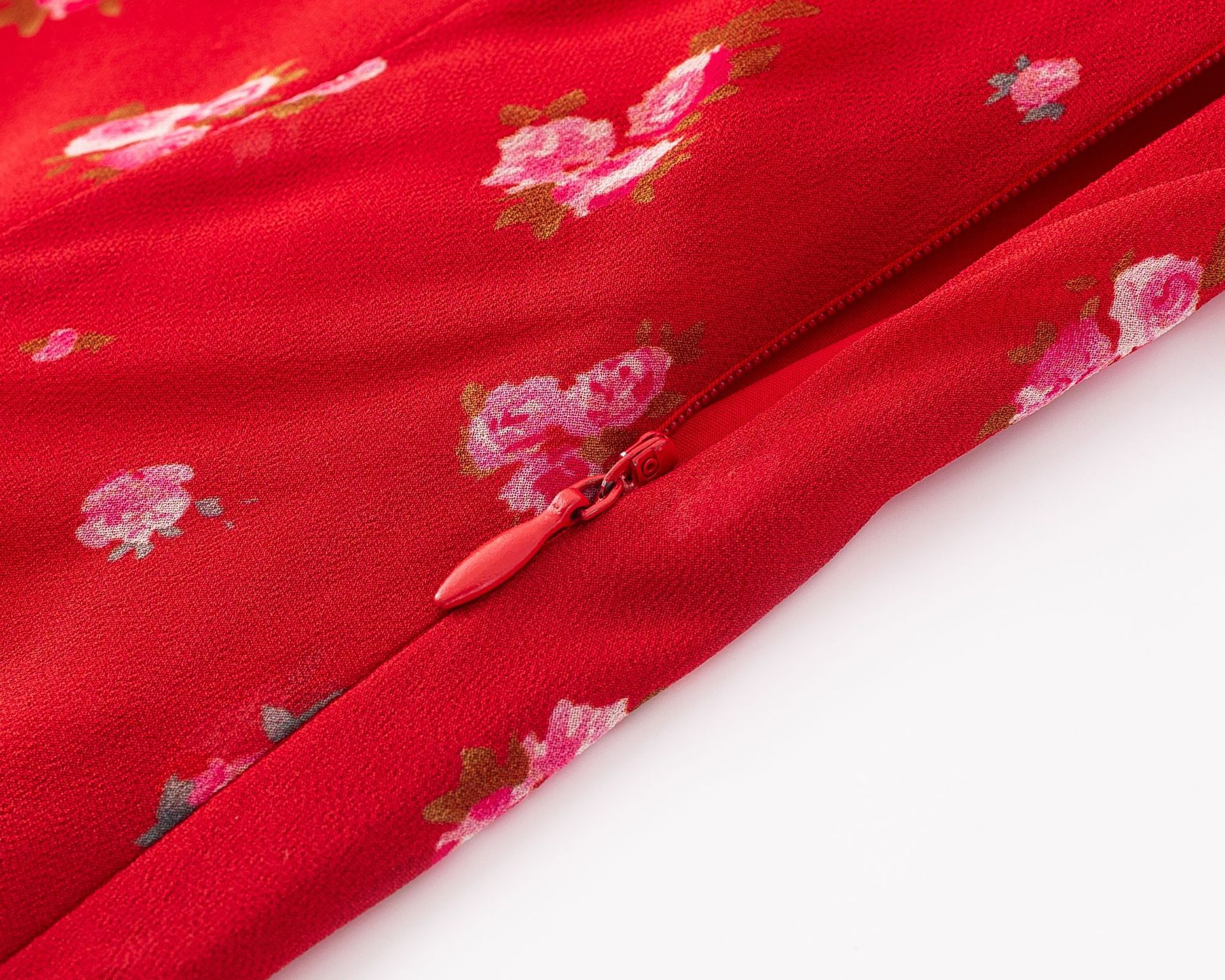Asymmetric Sleeveless Scarlet Botanical Scalloped Trim Dress