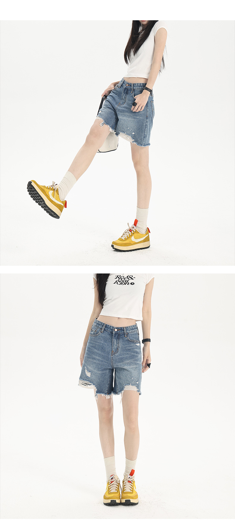 Blue Five-Quarter Denim Shorts Women Style Low Waist Ripped Straight Leg Slim Wide Leg Mid-Length Pants