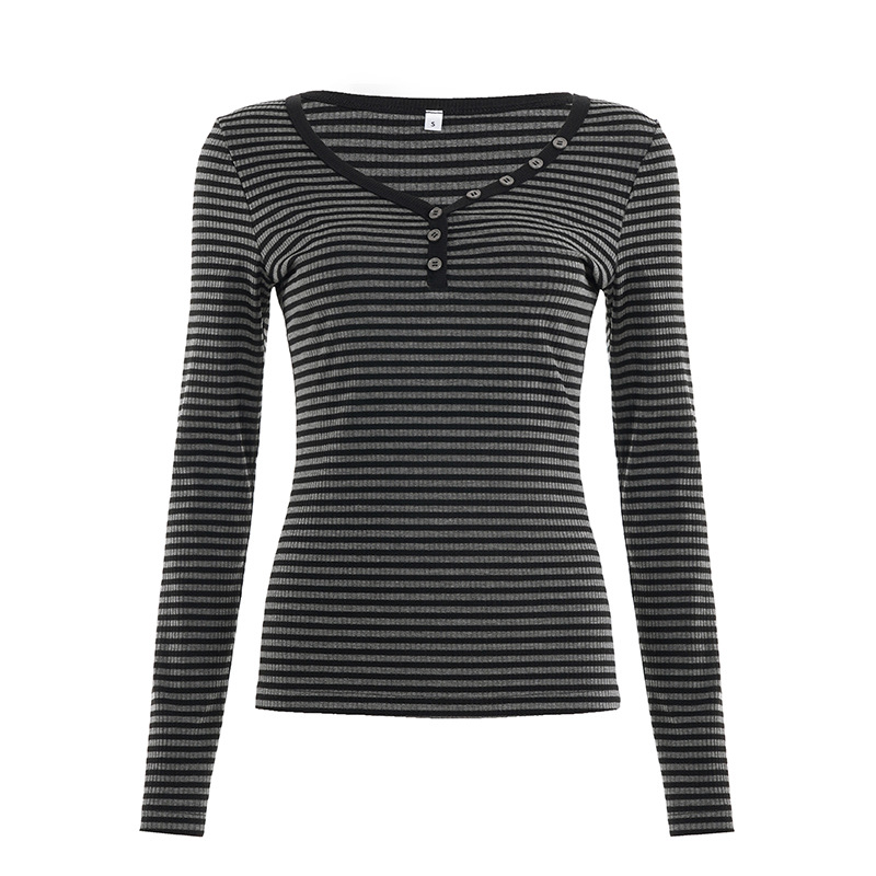 Simple Fashion Striped Color Block Round Neck Basic Long Sleeve Slim Fit Versatile Slimming Casual Short Top
