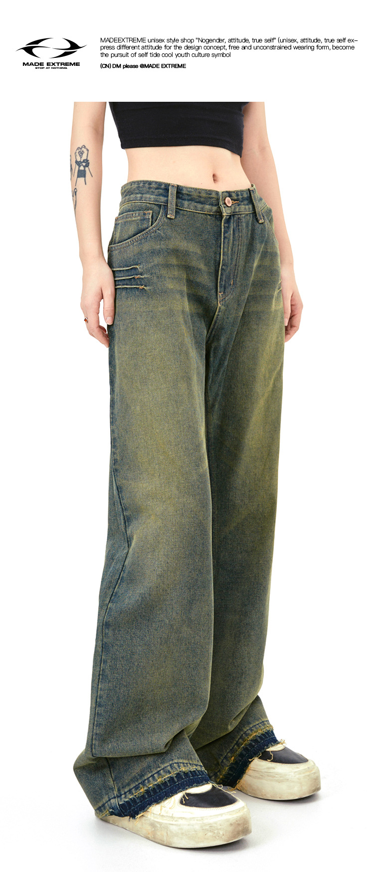 Washed Distressed Wide-Leg Long Jeans with Cuffed Hem