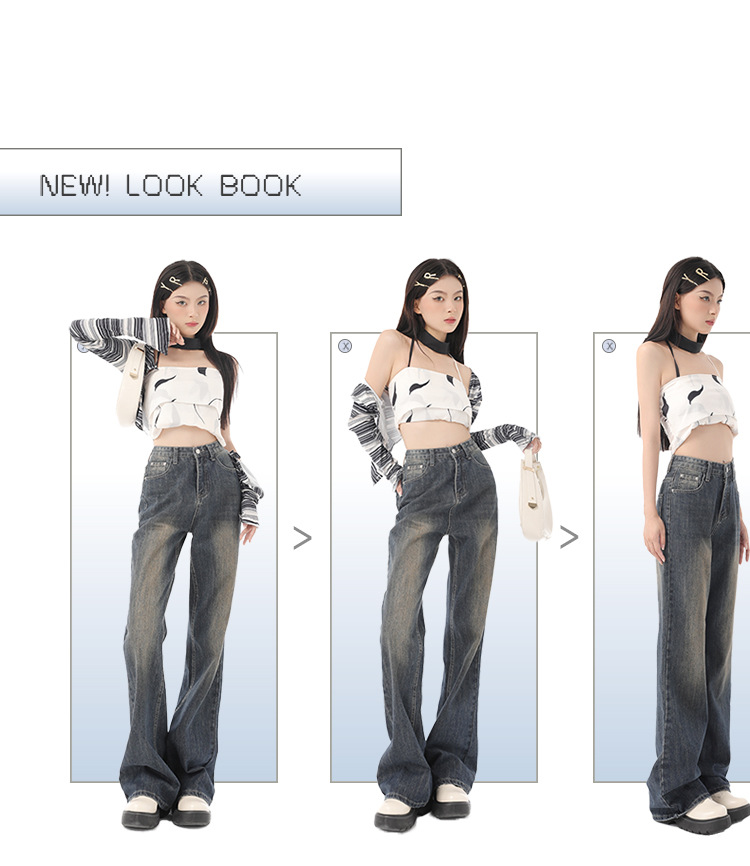 Distressed Loose Drape Straight Floor-Length Pants Wide-Leg Flare Jeans for Women