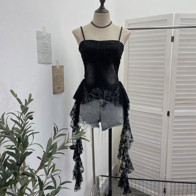 Slim Asymmetric Faded Jean Lacy Panel Fringed Bandeau