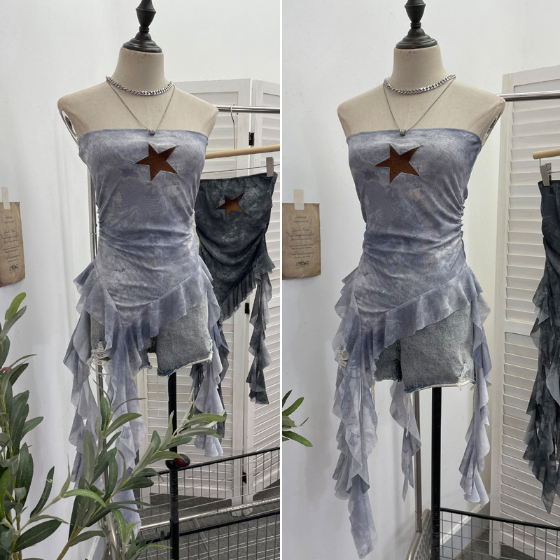 Sultry Asymmetric Plaid Mesh Strapless Top