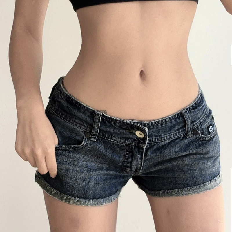 Retro washed blue low waisted denim shorts
