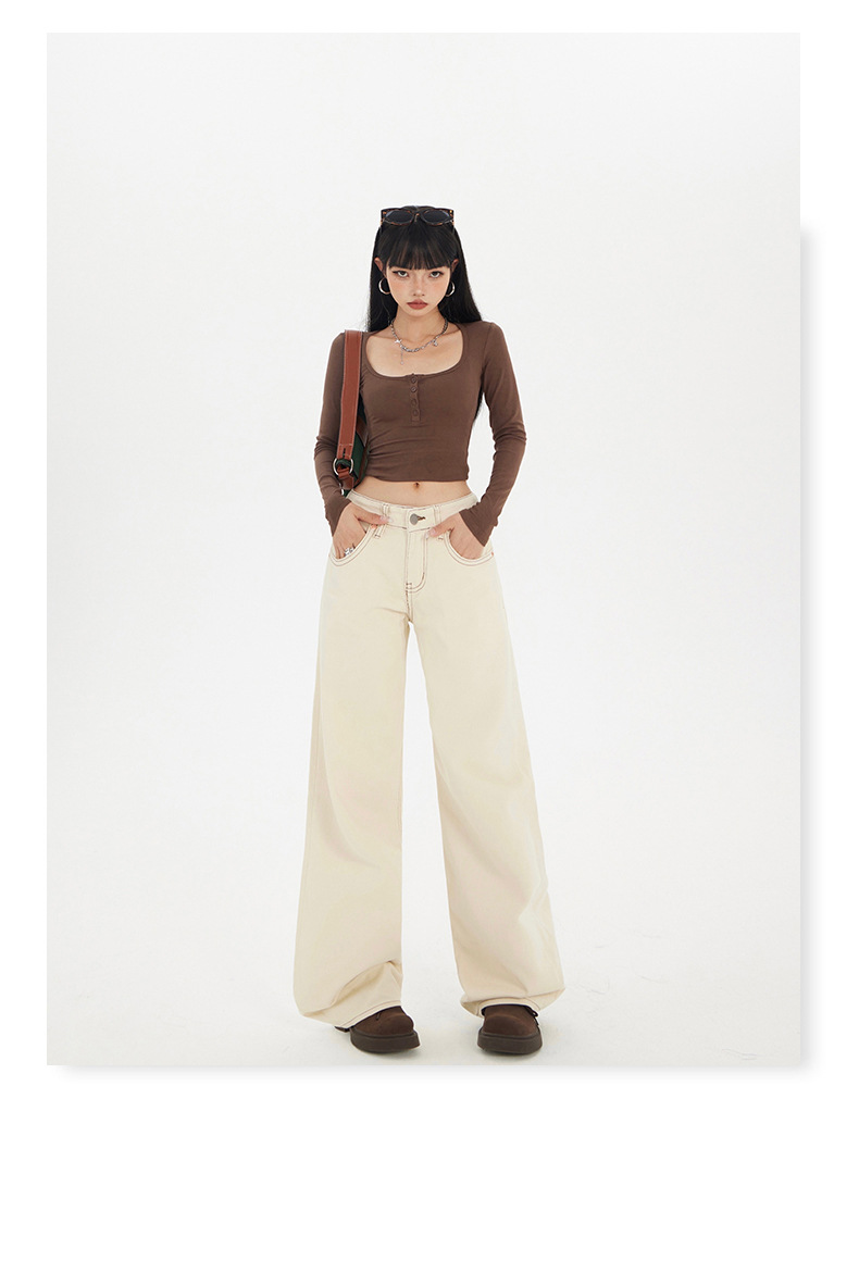 Women's Apricot Wide-Leg Jeans Slimming Versatile Low-Waist Floor-Length Straight Pants