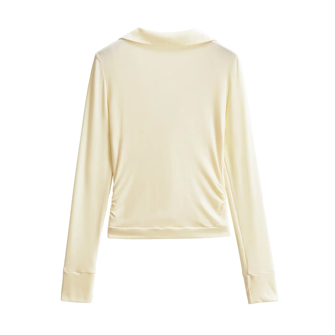 Plain Full-Arm Dropped-Neck Frill Double-Layer Slim-Fit Cropped Tee