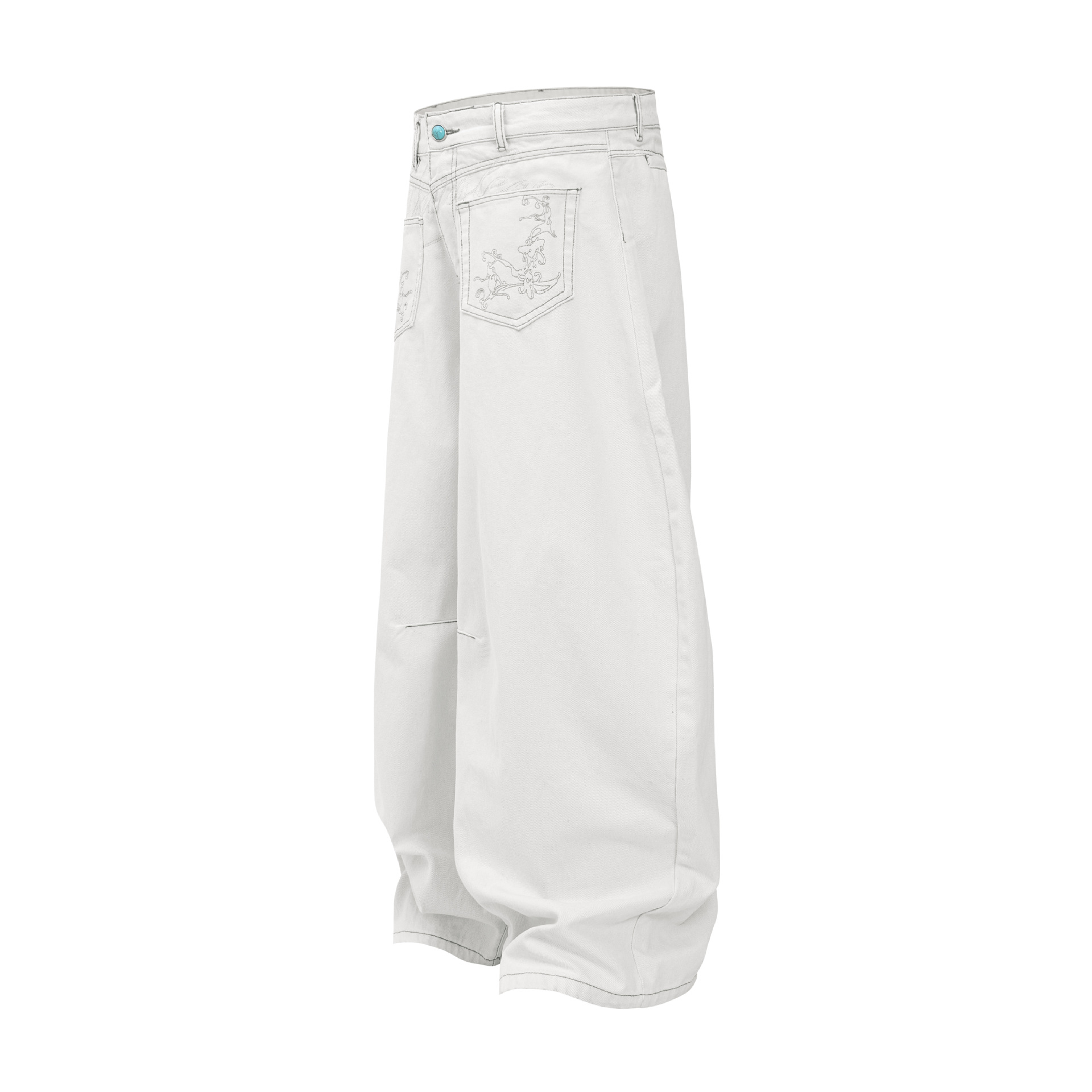 Street Style Retro White Denim Embroidered Deconstructed Design Men's Loose Knife Cut Jeans