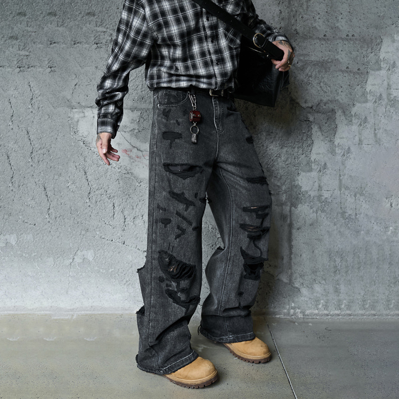 Denim Pants Loose Wide Leg Men High Street Post-Apocalyptic Style Ripped Design Plus Size Trendy Brand Original Dark Hip Hop Straight Leg Pants