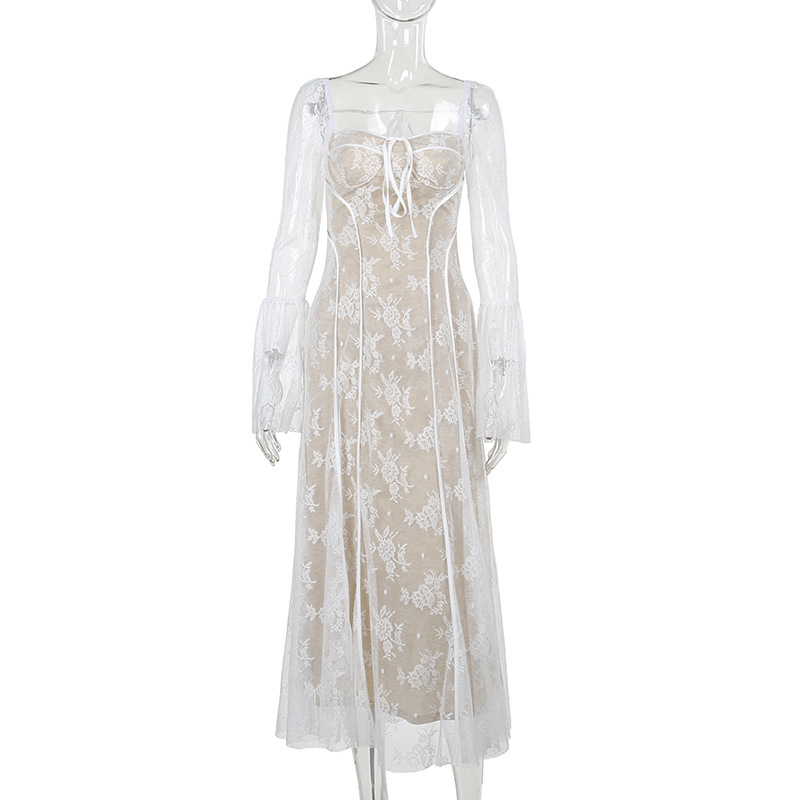 Square Neck Long Sleeve Polyester Maxi Dress