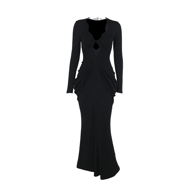 Plunging Neckline Long Sleeve Bodycon Dress
