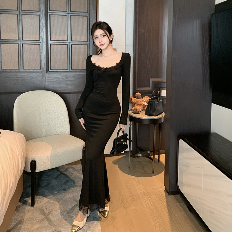 U-Neck Long Sleeve Polyester Bodycon Dress
