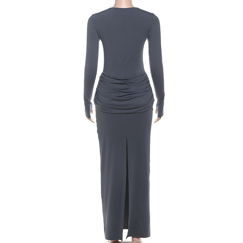 Stretch High-Waist Gathered Full Sleeve Dress