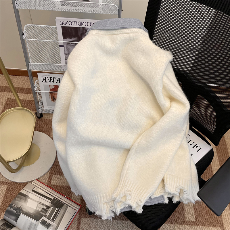 Contrast Panel Notch Neck Eyelet Button Front Sweater