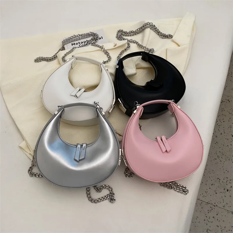 Small Silver Leather Crossbody Bags for Women Trend Underarm Handbags and Purses Chain Armpit Shoulder Side Bags