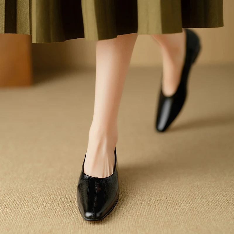 Fashion Genuine Leather mid heels woman elegant Loafer office lady square toe party pumps