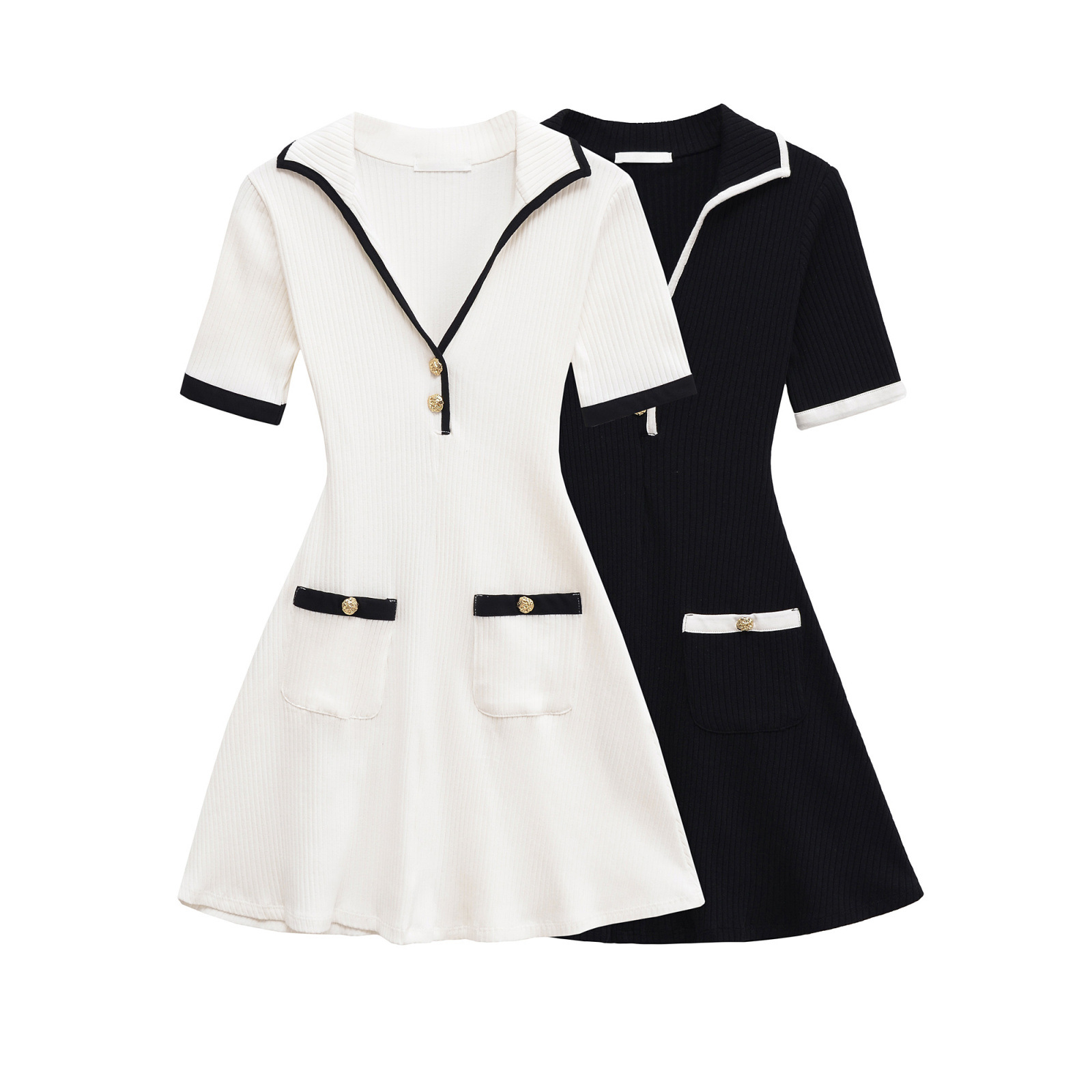 V-neck short sleeved contrasting border short knit dress