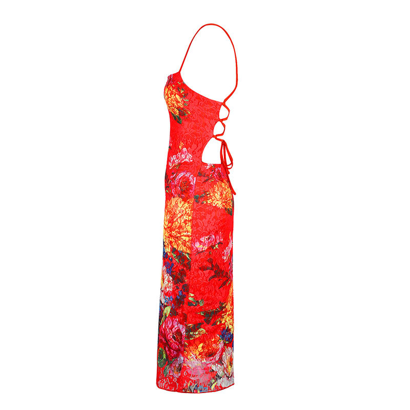 Draped Strap-Free Open Back Flower Pattern Bodycon Dress