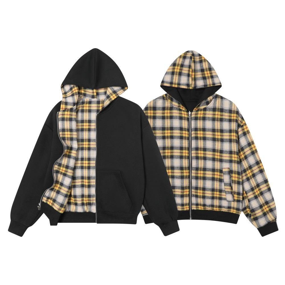 American Relaxed Mustard Checked Double-Sided Zipper Hoodie