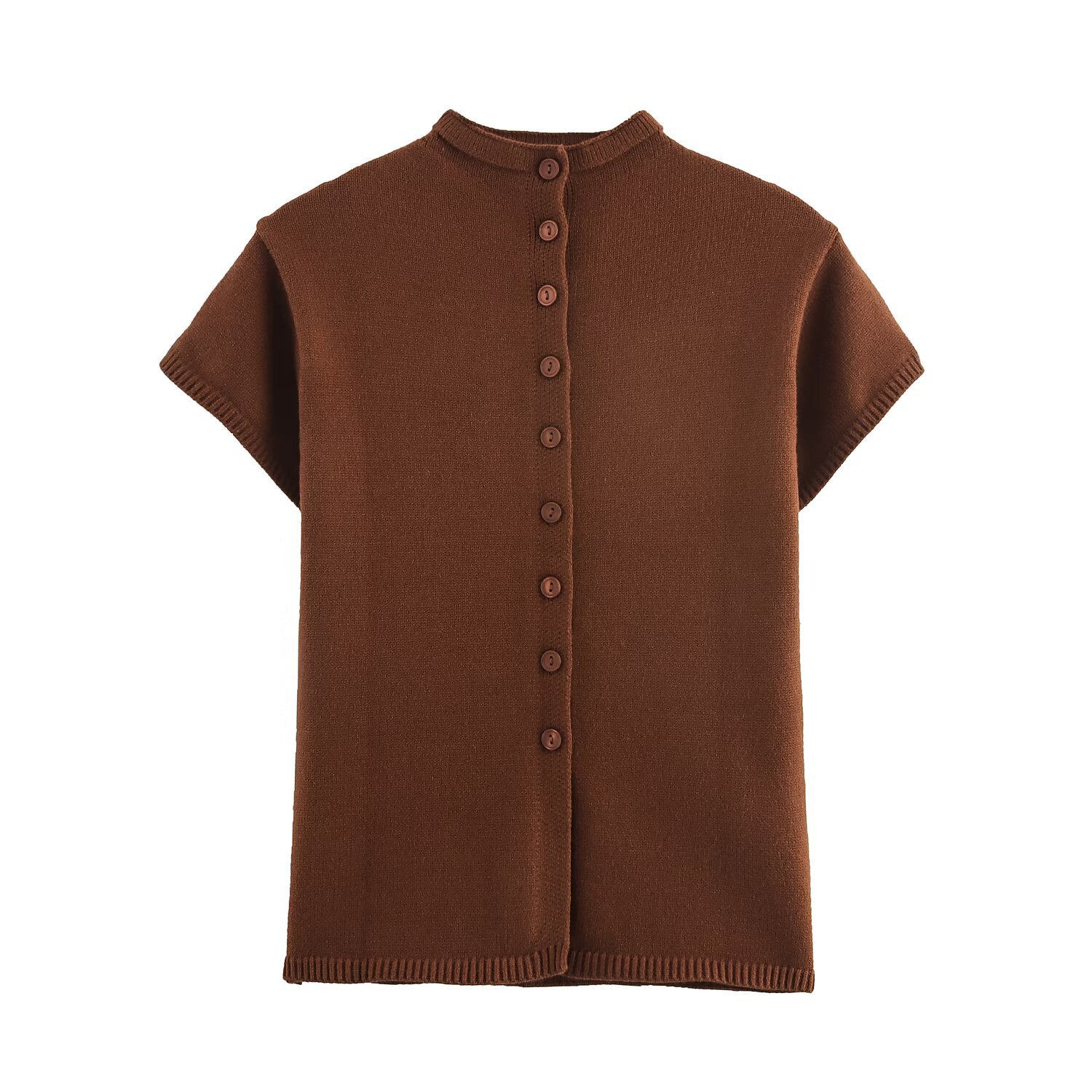 Mandarin Neck Three-Quarter Sleeve Button-Front Polyester Cardigan