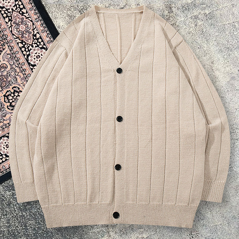 Simple Lazy Style Sweater Autumn Winter Loose V-neck Single Breasted Long Sleeve Knitwear