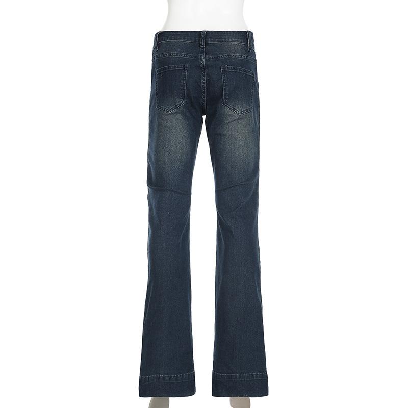Retro hot girl washed and worn low waisted slightly flared jeans