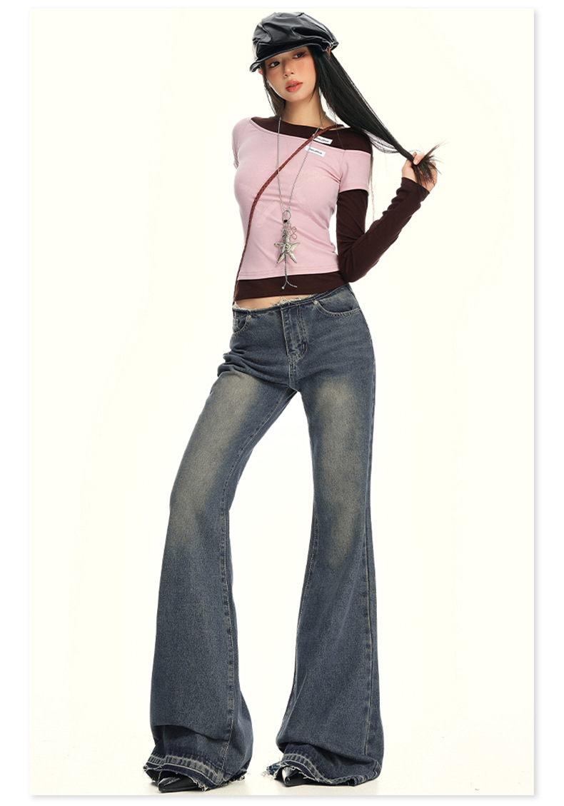 Women's Low Waist Flared Jeans Long Trumpet Pants Non-Skinny Trousers