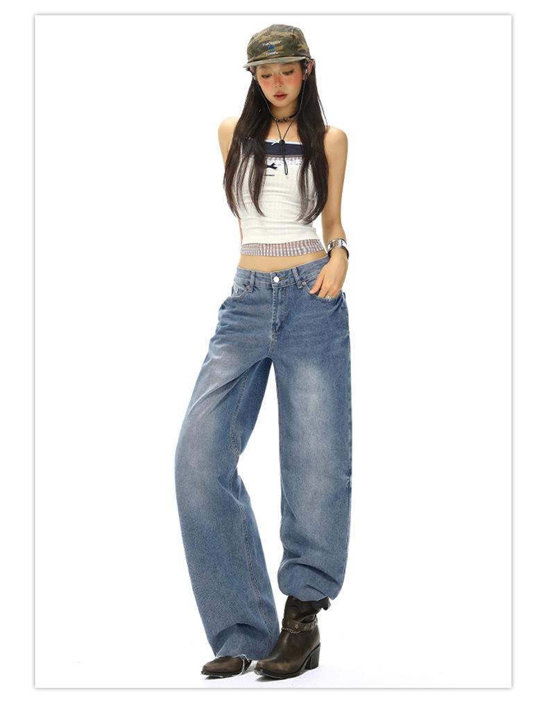 Women's Straight Jeans Washed Vintage Narrow Loose Wide-Leg Pants