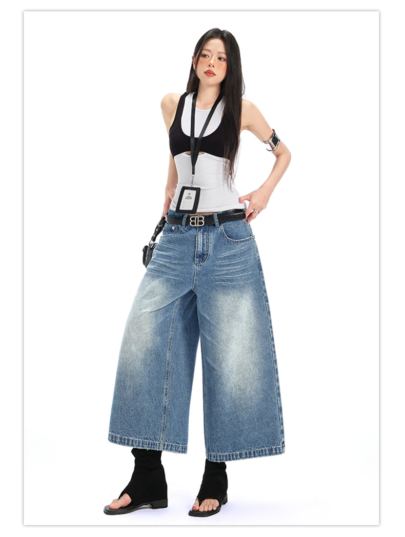 Denim Cropped Pants for Women High Street Relaxed Fit Straight Leg Wide-Leg Mid-Length Pants