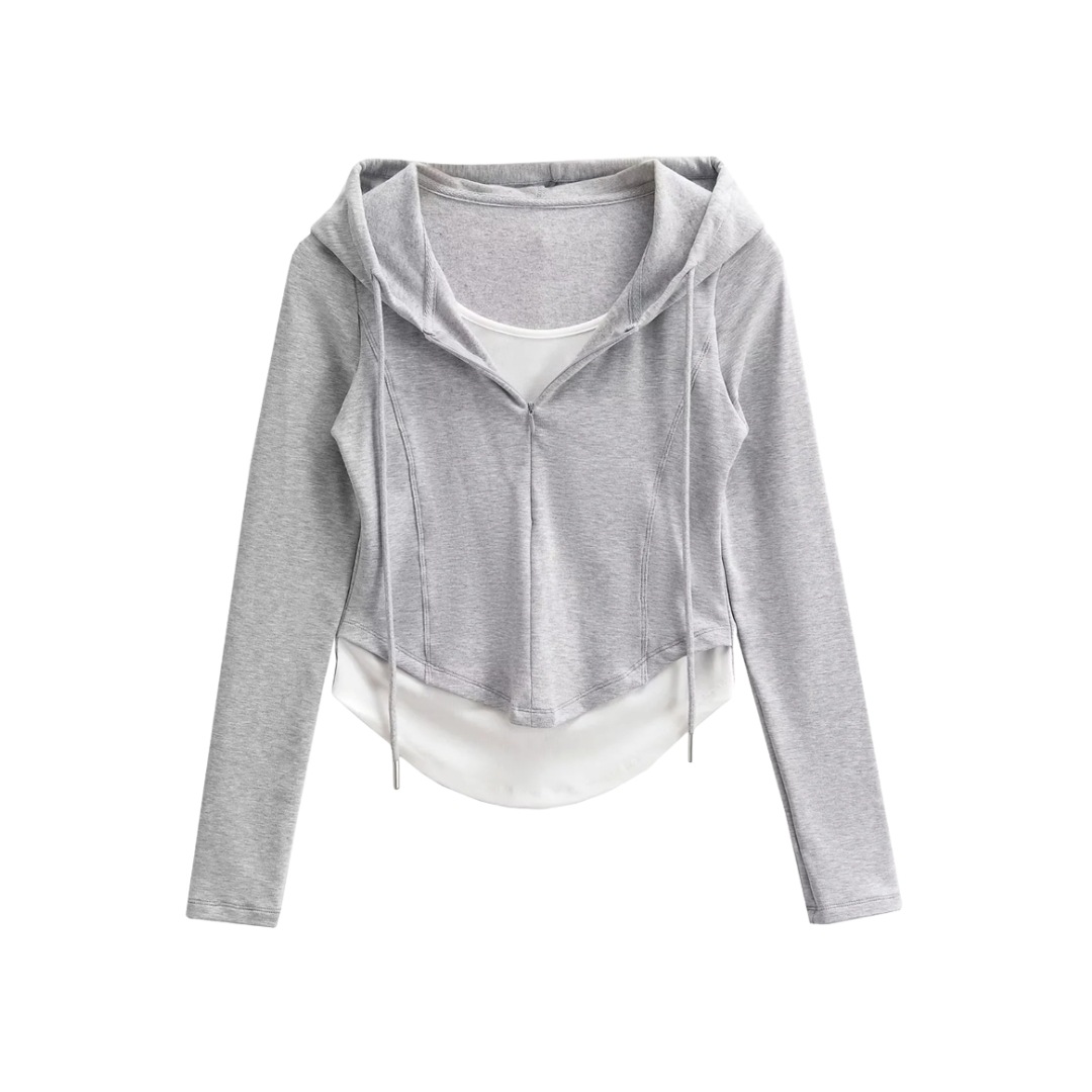 Layered Asymmetric Crop Hoodie - Cord & Concealed Zip