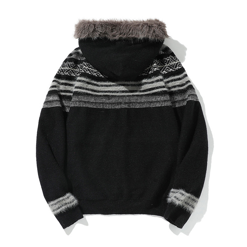 Matching Oversized Furry Trim Jacquard Knit Overcoat