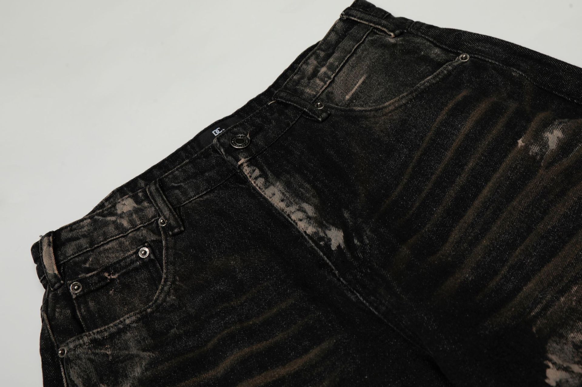 Retro Unisex Trendy Washed Black Splatter Design Men's Loose Wide-Leg Jeans