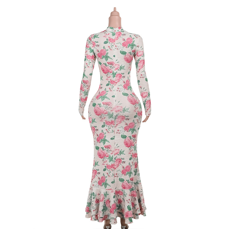 Fitted Maxi Patterned Mock Neck Full-Sleeve Dress