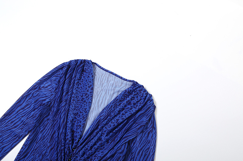 Feline Pattern Fitted Plunging Sheer Extended Sleeve Dress