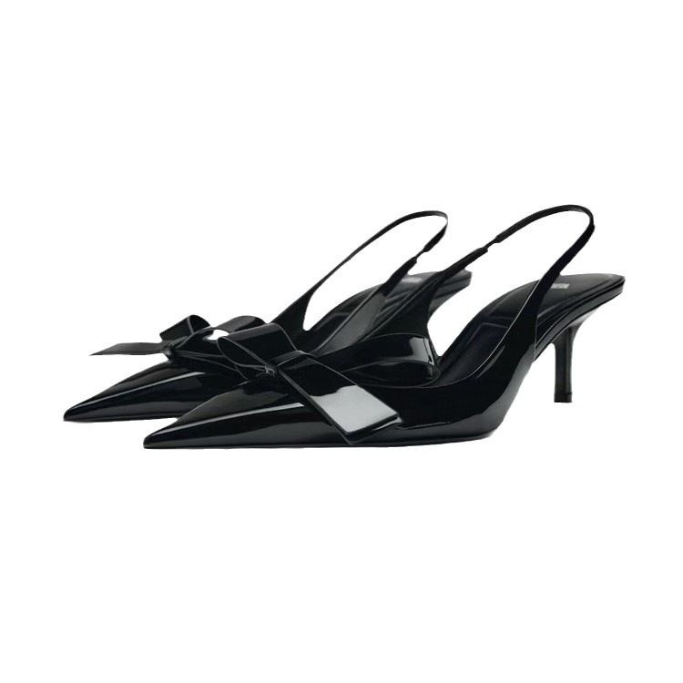 French pointed toe bow high heels burgundy shallow back strap stiletto elegant sandals