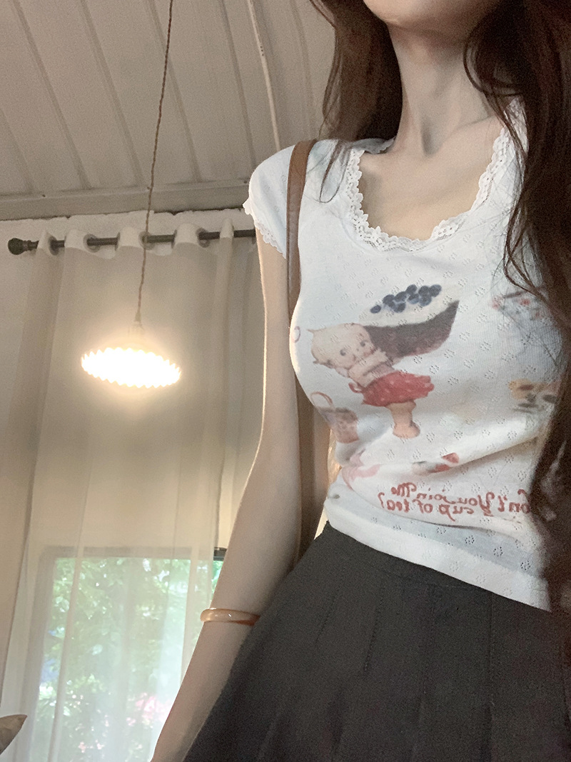Lace lace slim fit short sleeved T-shirt