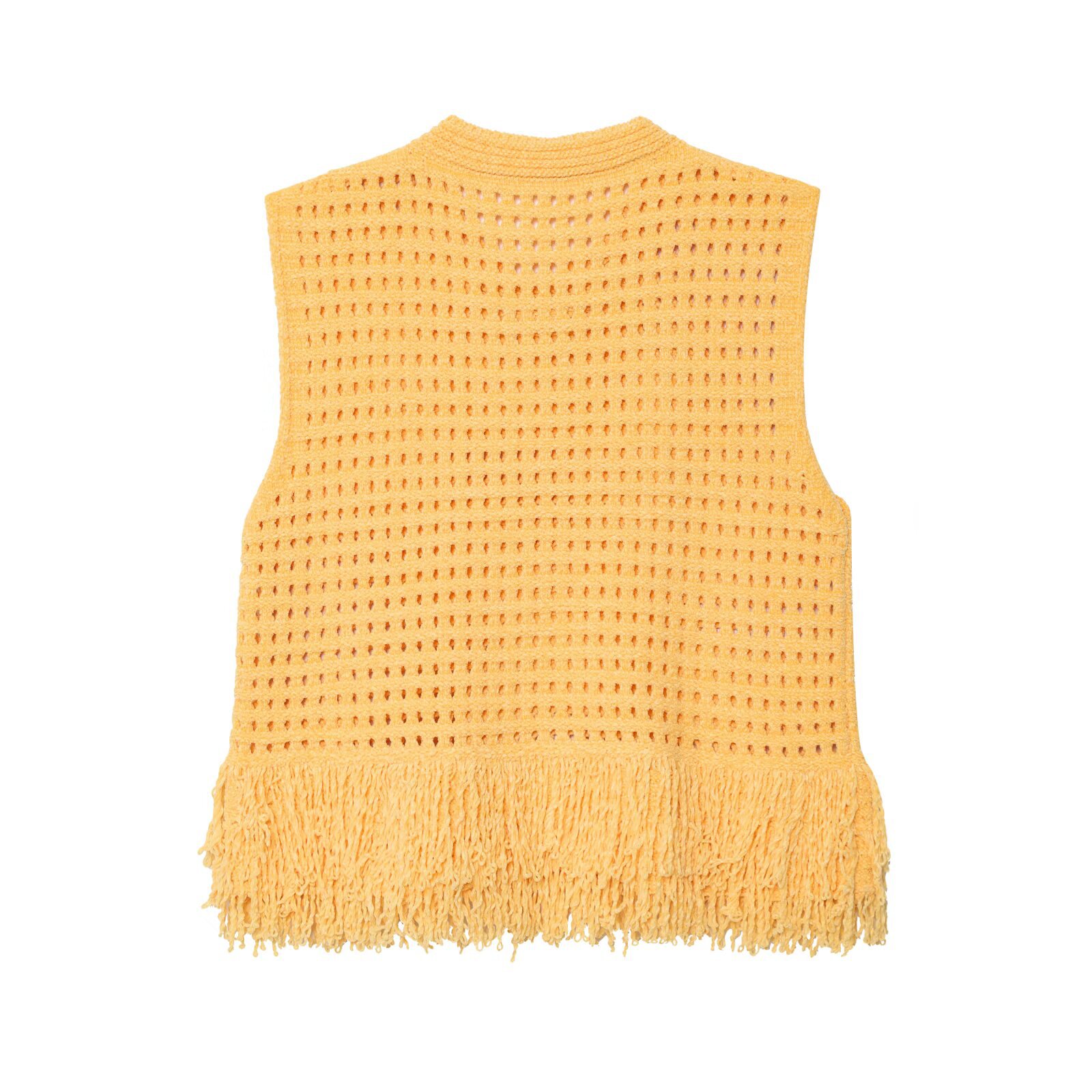 Round neck sleeveless tassel embellished hollow grid knit sweater for women