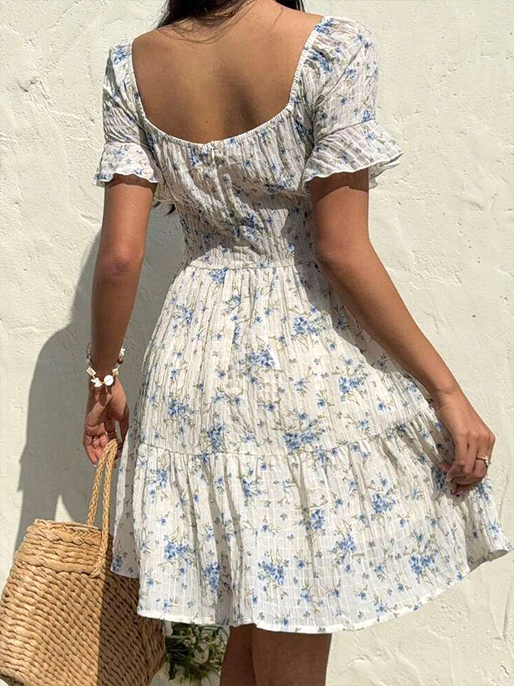 U Neck Puff Tie Waist Frilled Midi Dress