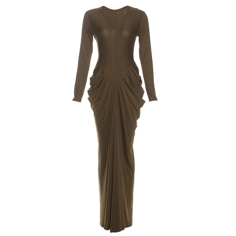 Crinkled Plunging Fitted Plain Full-Sleeve Maxi Dress