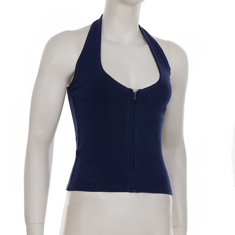 Sexy Low-Cut Zipper Halter Knitted Strap Women's Pure Color Versatile Elegant Slim Top
